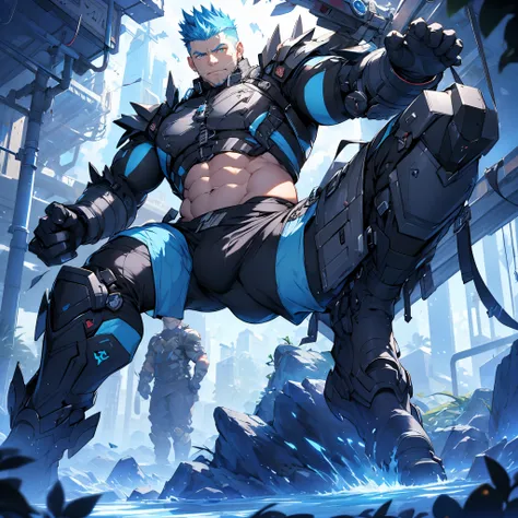 archaeological floating metalic black dungeon circuit lights effects, skyrocket rocks ground covered moss, undercut, faux hawk, icy blue hair, manly kawaii moe babyface alpha male seeker rescue pull-ups to show hairless armpit, futuristic robotics tactical...