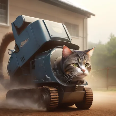 A cat wearing glasses rides a heavy machine