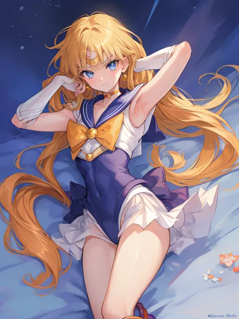 ​masterpiece, top-quality, hight resolution, 8K, Hi-Res, ultra-detailliert, 1girl in, (Anatomically correct), Full limbs, complete fingers, Slender 18 year old beautiful active girl, blue eyess, Slender eyes, a blond, Very long hair, (Sailor Moon: 1.3), (w...