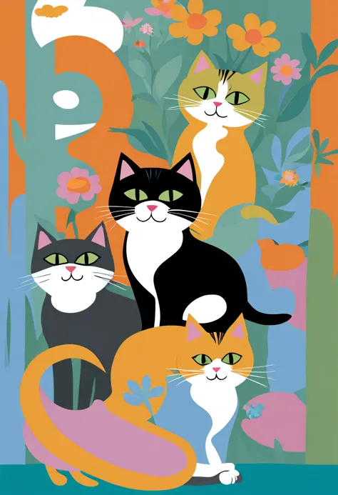 (nffsw:1.05)、channel、(2D illustration by Mary Blair:1.05)、cute little４Cats、独奏、Symbolism、Dramatic、travel poster、(professional graphic design layout:1.1) 、、