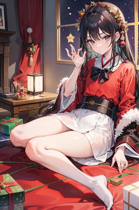 (of a man)，schoolboy，mature，Handsome face，Flat chest and thin waist，long leges，Christmas dresses，A Japanese-style room，christmas，Christmas decorations