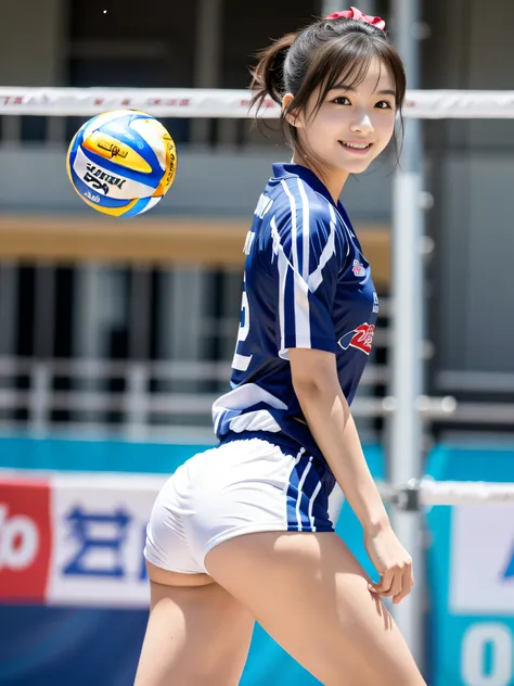 (FW)、1 female、独奏、24 year old、7headed body、(kawaii faces)、(Ideal body shape)、National Stadium Volley Court、Japan Championships in progress、volleyball uniform、Volleyball Attack、perspiring、I can see through the clothes、Wet、a smile、short-hair、A dark-haired、sma...