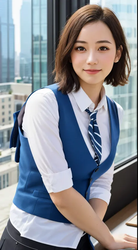 1girl, matured female, vest, bow, photo, realistic, best quality, hires, detailed face, office, buildings from window, detailed background, diffused sunlight, depth of field, bokeh