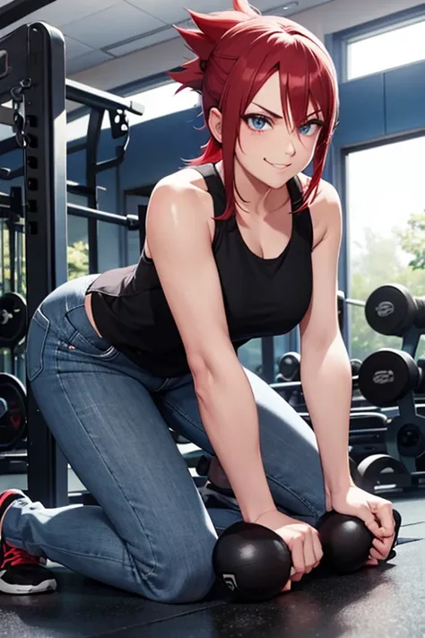 flannery from pokemon, black tank top, blue jeans, black shoes, red hair, smirk, in the gym