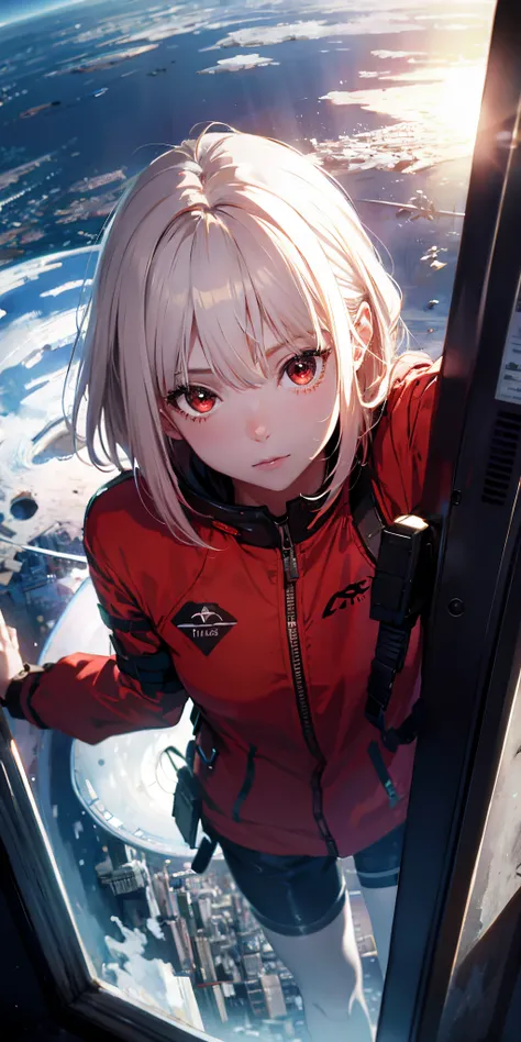 Absurd resolution, high resolution, (masterpiece: 1.4), super detailed, girl alone, from above, space, floating, platinum blonde, medium hair, red eyes