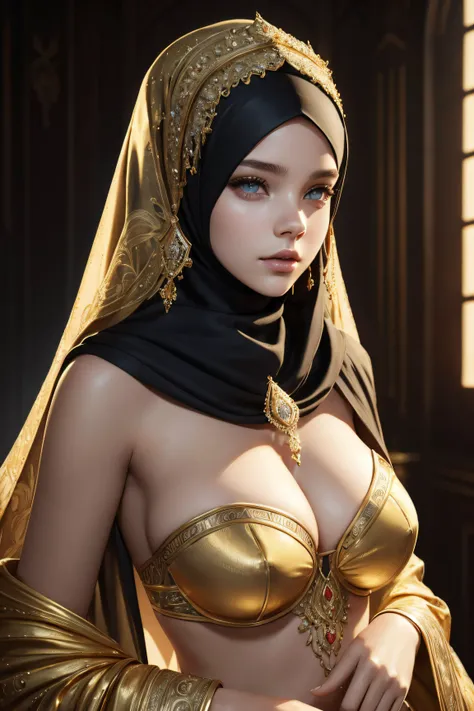 Barbara Palvin, sexy clothes wearing a hijab made of gold with jewelry and diamonds, character portrait, 4 9 9 0 s, long hair, intricate, elegant, highly detailed, digital painting, artstation, concept art, smooth, sharp focus, illustration, art by wlop, c...