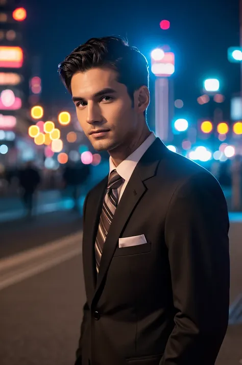 Night view,Mans, Kind face,suit style, Photo, 4K