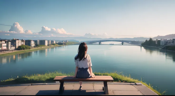 high-definition picture。big sky、Distant view、Faraway view、wide-angle lens。Modern Japan、The whole body of the woman is visible、A woman sitting on a bench and looking into the distance、Facing this way。near a river、a park、Carefree atmosphere。Semi-long black h...