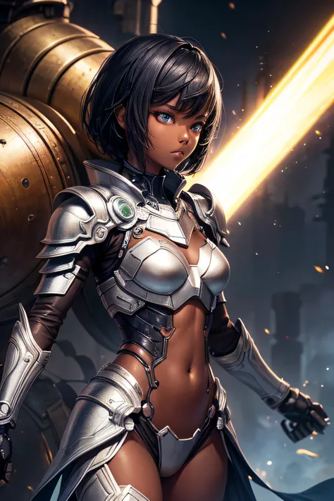 african girl, black skin, short black hair, silver iron man armor, laser cannon attached to left shoulder, sexi, combat stance, highly detailed, vibrant appearance, creative behavior, imaginative, sensual, spontaneous, small breasts, sexi, highest quality,...