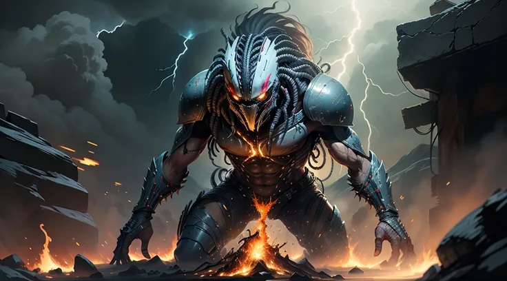 The predator in a Dynamic pose, lightning in a lava environnement, with Mask on