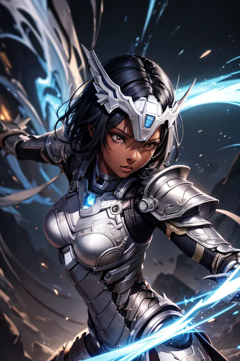 african girl, black skin, short black hair, silver iron man armor, sexi, combat stance, highly detailed, vibrant appearance, creative behavior, imaginative, sensual, spontaneous, small breasts, sexi, highest quality, skin texture, intricate details, (cinem...