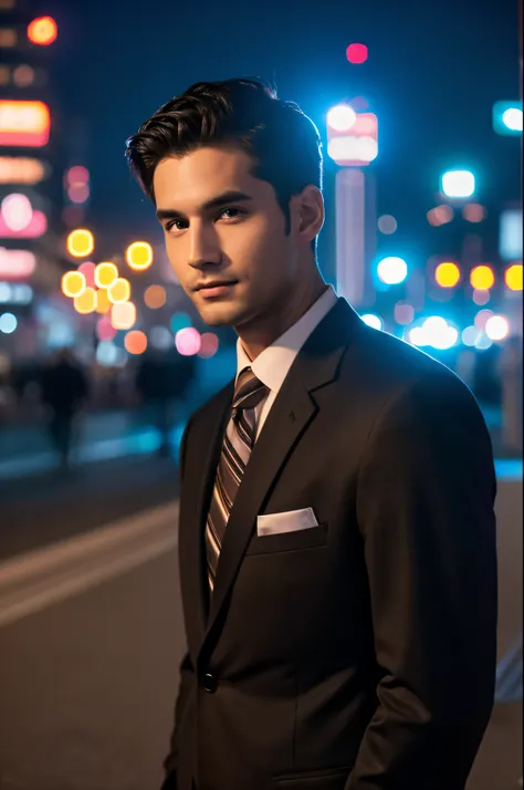 Night view,Mans, Kind face,suit style, Photo, 4K