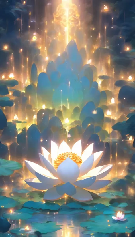 An image of a giant white lotus throne floating in darkness，White lotus，buddhism，holy，lithe，super detailing，Ultra-clear image quality, ,32K, Best quality at best, tmasterpiece, super detailing, High detail in illustration style