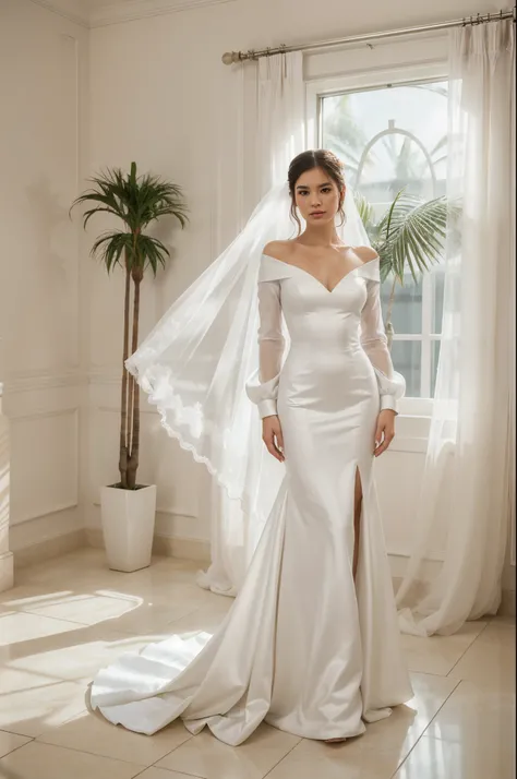 Top quality, Masterpiece, hyper HD, (Photorealistic: 1.4), RAW photo,ultra realistic, 1girl，Fashion model, unique vera wang white wedding dress, long-sleeve, floor-length style, , full body, in white room with indoor decorative palm tree, stand upright and...