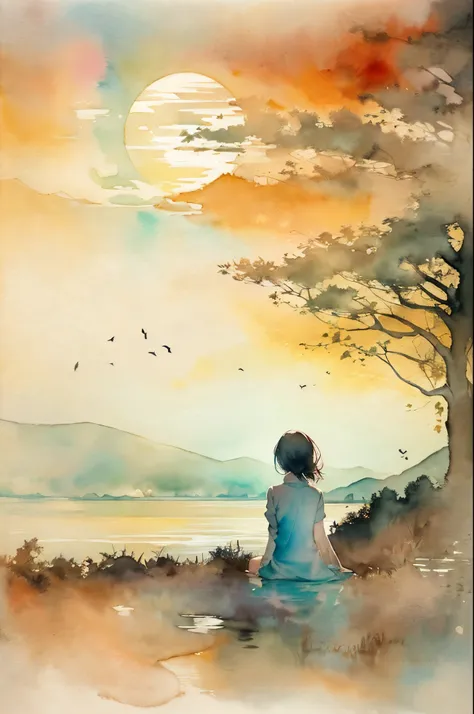 (Fantastic world) (At twilight) A woman watching the sunset. Watching the moment the sun sets makes me feel a little sad.(Ink on Japanese paper, which tends to bleed easily)(contemporary art like a picture book) (transparent watercolor) (light itself expre...