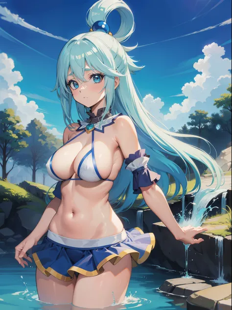 Aqua , Konosuba, body curvy , cabelos longos azuis claros, olho azul, campo de grama de volta terreno, Standing, Visualizador voltado, vestido de noite, , no-bra