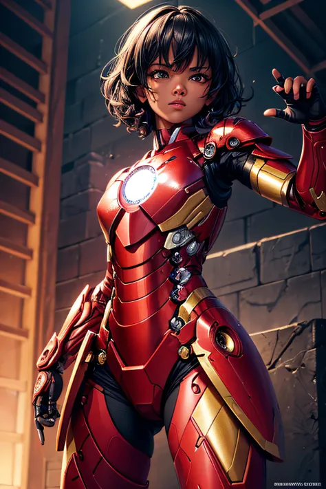 girl, black skin, short curly black hair, pink comic accurate iron man armor, sexi, combat stance, highly detailed, vibrant appearance, creative behavior, imaginative, sensual, spontaneous, small breasts, sexi, highest quality, skin texture, intricate deta...