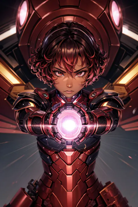 african girl, black skin, short curly black hair, comic accurate iron man armor, pink collored armor, sexi, combat stance, highly detailed, vibrant appearance, creative behavior, imaginative, sensual, spontaneous, small breasts, sexi, highest quality, skin...