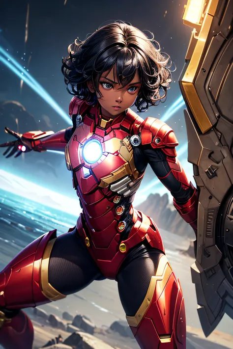 african girl, black skin, short curly black hair, comic accurate iron man armor, silver collored armor, sexi, combat stance, highly detailed, vibrant appearance, creative behavior, imaginative, sensual, spontaneous, small breasts, sexi, highest quality, sk...