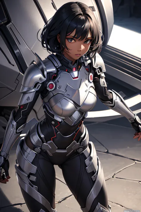 african girl, black skin, short curly black hair, comic accurate silver iron man armor, silver collored armor, sexi, revealing, combat stance, highly detailed, vibrant appearance, creative behavior, imaginative, sensual, spontaneous, small breasts, sexi, h...