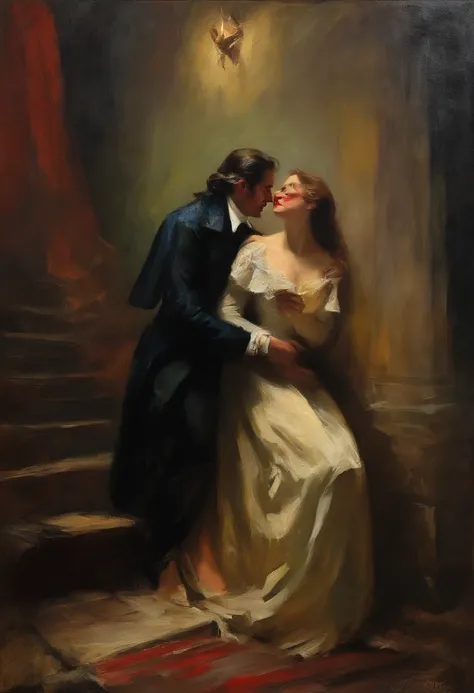 A damsel in distress, scene from a horror film, a beautiful young woman is grabbed from behind by Count Dracula and bitten in the neck. Old dark castle, Victorian era