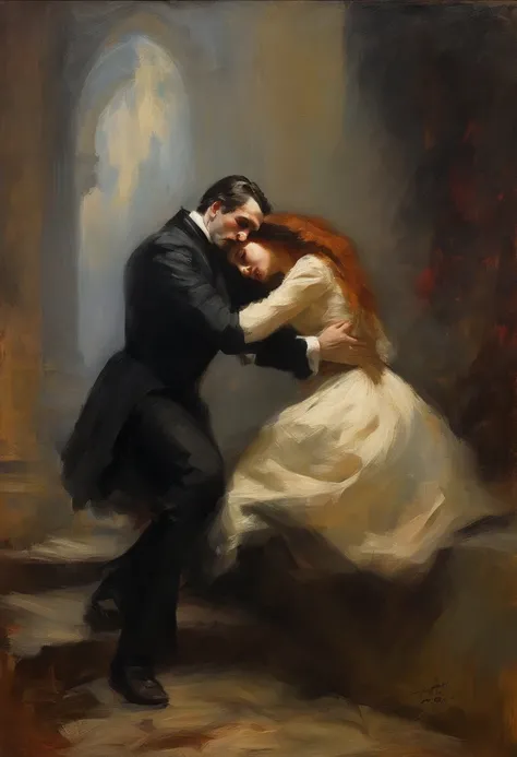 A damsel in distress, scene from a horror film, a beautiful young woman is grabbed from behind by Count Dracula and bitten in the neck. Old dark castle, Victorian era