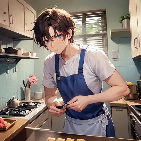 ​masterpiece、hightquality、25 year old man with short brown hair and blue eyes、Like a cartoon in Japan、wearing white t-shirts、Wearing a blue apron、(Alone:1.5)、(a serious expression:1.1)、、(Only the upper body is shown.:1.3)、Kitchen background、Making sweets、B...