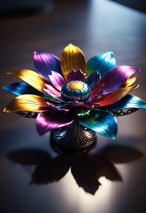 A colorful metal flower on a table, intricate design, magical realism, macro shot, top view, reflection, unreal engine, raytracing, volumetric lighting, best quality, H!D