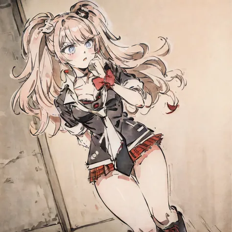 junko enoshima, pink gold long hair, 1girl in, twin-tailed, 独奏, blue eyess,, bangss, bear hair ornament, (red claw), red ribbons...