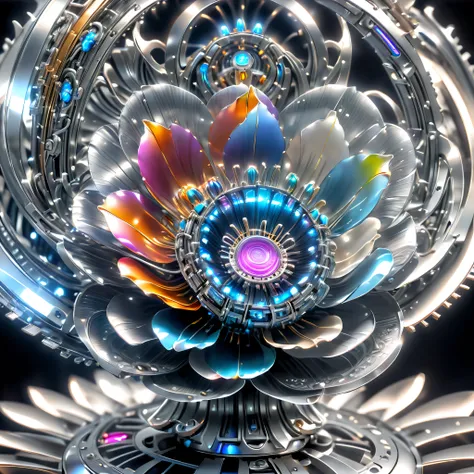 (No one: 1.5), metal flower made by Cybertron, (1 metal flower, Amarys flower made with future transparent Vibranium: 1.3), Vibranium metal flower, colorful neon lights, high-tech mechanical parts, metal body, Detailed Vibranium flower design, vibrant colo...