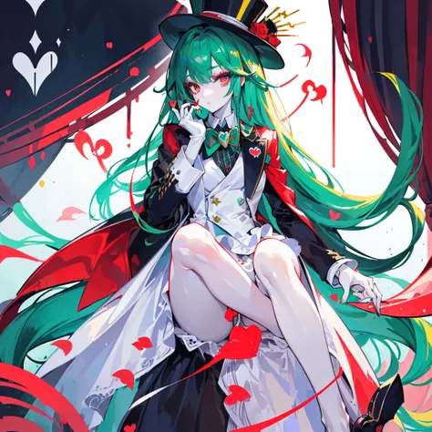 ((Masterpiece)), ((Best Quality)), ((Best Quality)), (Illustration of One Girl), Emerald Green Long Hair, (((Tall)), (White Skin), Red Eyes, Blue Eyeliner, ((Makeup with a heart symbol around the left eye)), ((Tuxedo)), (Top Hat)), Clown, (Circus)