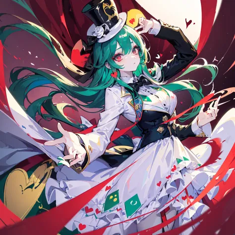 ((Masterpiece)), ((Best Quality)), ((Best Quality)), (Illustration of One Girl), Emerald Green Long Hair, (((Tall)), (White Skin), Red Eyes, Blue Eyeliner, ((Makeup with a heart symbol around the left eye)), ((Tuxedo)), (Top Hat)), Clown, (Circus)