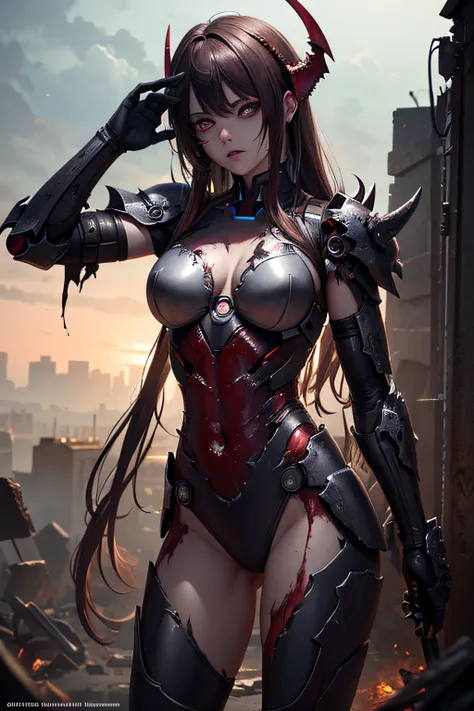 dead zombie girl, demonic iron man costume, rotting evil zombie girl, torn broken, damaged falling apart armor suit, sexi, revealing, bloody, psychotic, dark, glowing eyes, evil, combat stance, highly detailed, vibrant appearance, creative behavior, imagin...