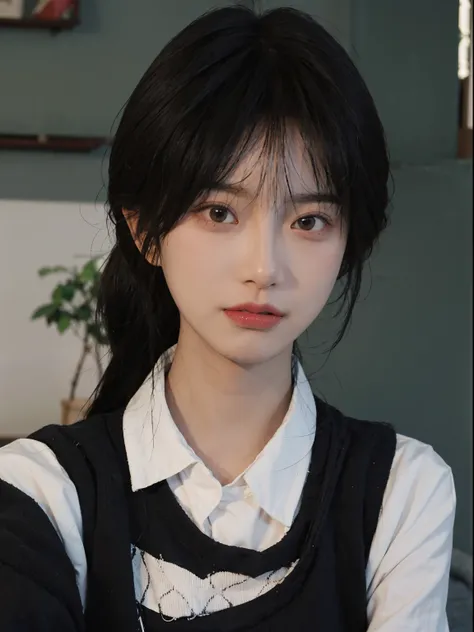 Best quality at best， 超高分辨率， （realistically：1.4）， A woman with long black hair and a gray sweater, mid view, JK school uniform，under a ray of sunshine，She has black hair，through bangs, young lovely Korean faces, Cute Korean face, Urzans, Shin Jinying, beau...