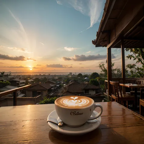 a cappuccino coffee, in indonesian coffeeshop, indonesian street, sunset, beautiful sky, outdoor cafe