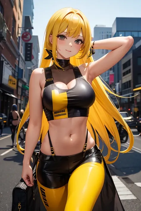 elesa, yellow hair, black leggings, yellow suspender bikini, black tank top