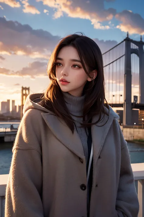 A beautiful woman looking up at the cloudy sky. Light brown hair. black eyes. modern clothing. Beautiful double eyes. The bridge of my nose. Well-shaped lips. Mid twenties.