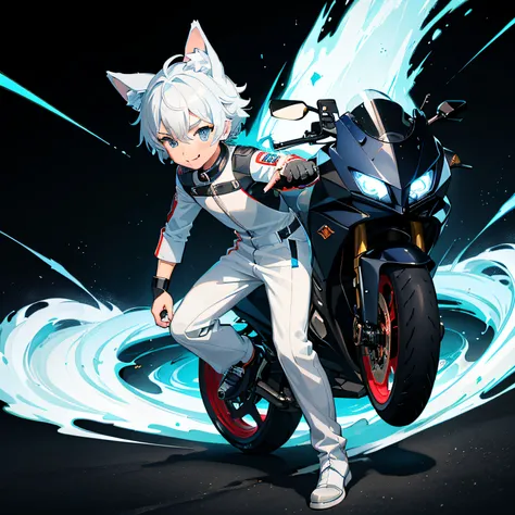 Game CG，((younge boy))，Juvenile Sense，Anime male protagonist，Wolf ears，The tail of the beast，Toothy smile，tusk，locomotive goggles，Pisif，white blue jumpsuit，white fingerless gloves，Racing Boots，Motorcycle Racer，blue and silver locomotive，Full body like