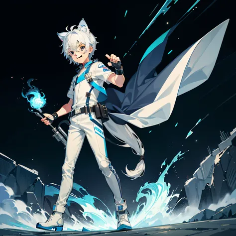 Game CG，((younge boy))，Juvenile Sense，Anime male protagonist，Wolf ears，The tail of the beast，Toothy smile，tusk，locomotive goggles，Pisif，white blue jumpsuit，white fingerless gloves，Racing Boots，Motorcycle Racer，blue and silver locomotive，Full body like