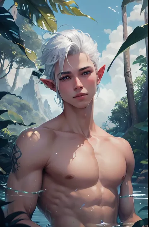 Garoto elfo, elfo de cabelo branco, elfo bonito garoto com franja, garoto de cabelo desenhado e curto, cabelo branco, garoto bonito de cabelo branco, boy with elven ears, garoto em um lago, boy with white hair and elven ears