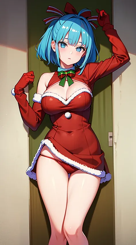 masterpiece, best quality, 1 solo girl, light blue hair, light blue eyes, short hair, wavy hair, Christmas ornaments, medium breasts, mature body and face, red christmas dress, christmas, christmas light, christmas tree, red gloves, red santa skirt, holdin...