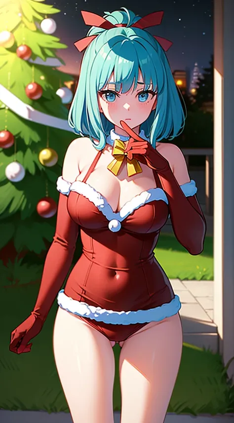 masterpiece, best quality, 1 solo girl, light blue hair, light blue eyes, short hair, wavy hair, Christmas ornaments, medium breasts, mature body and face, red christmas dress, christmas, christmas light, christmas tree, red gloves, red santa skirt, holdin...