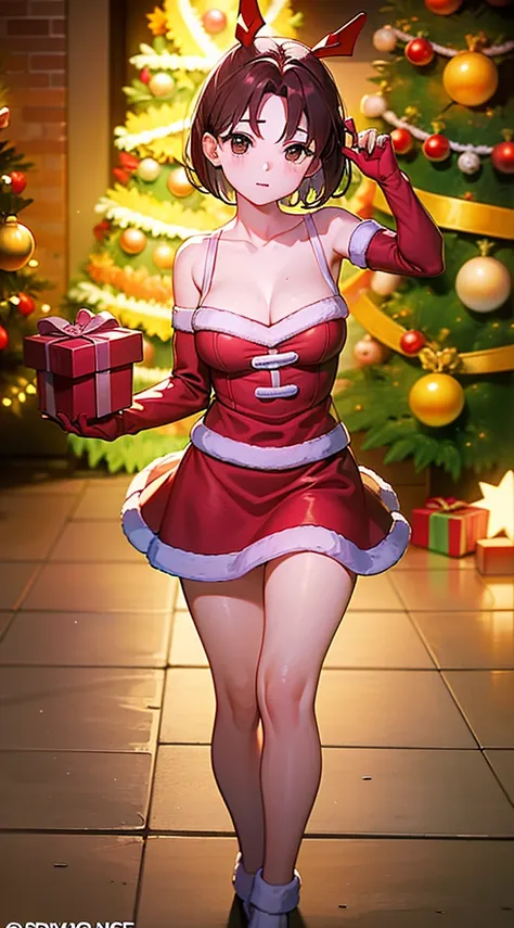 masterpiece, best quality, 1 solo girl, brown hair, brown eyes, short hair, wavy hair, Christmas ornaments, medium breasts, mature body and face, red christmas dress, christmas, christmas light, christmas tree, red gloves, red santa skirt, holding gift, re...