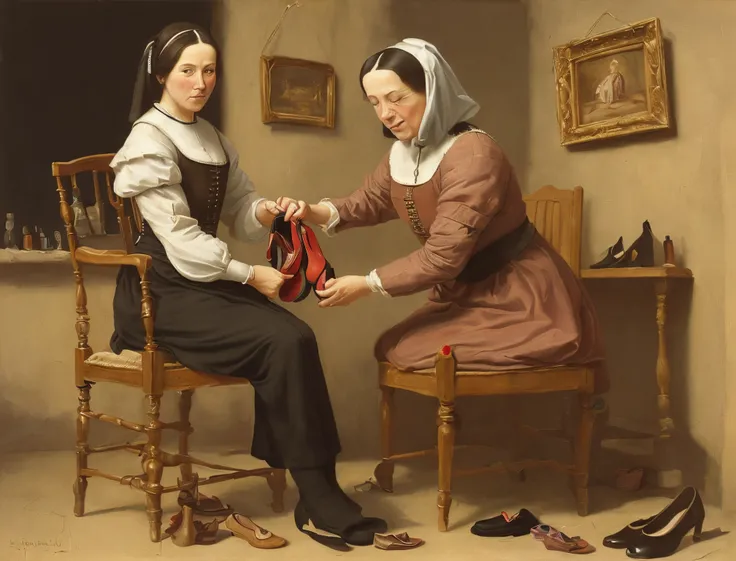 An oil painting of a medieval European woman putting on her shoes while sitting on a chair.