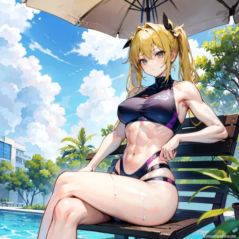 （（​masterpiece））、（（Top image quality））、（（Top image quality））、（（（Illustration of one girl）））、（（（Muscle Girl）））、（（neuter））、（（Blonde twintails））、Light golden eyes、（（Long body））、（（（perspiring）））、（（Steam wafting all over the body））、（（Muscular and strong body））、...