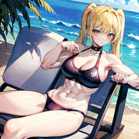 （（​masterpiece））、（（Top image quality））、（（Top image quality））、（（（Illustration of one girl）））、（（（Muscle Girl）））、（（neuter））、（（Blonde twintails））、Light golden eyes、（（Long body））、（（（perspiring）））、（（Steam wafting all over the body））、（（Muscular and strong body））、...