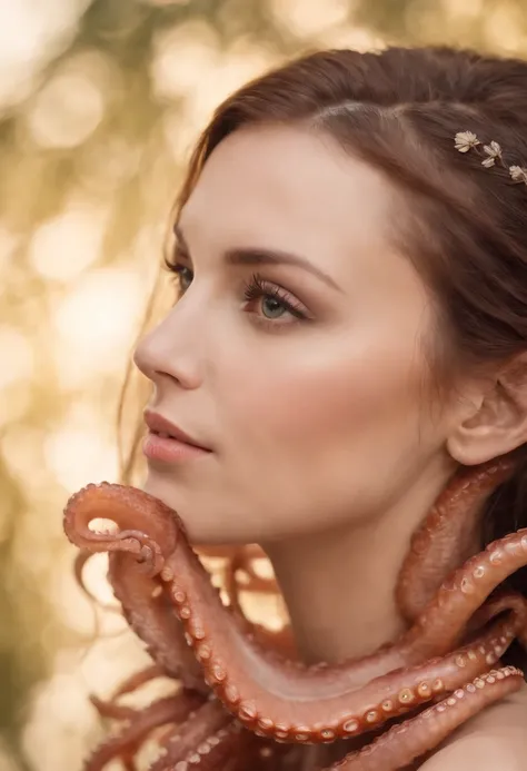 Octopus tentacles tightly wrapped around the beautiful womans face, side view, Beauty blush