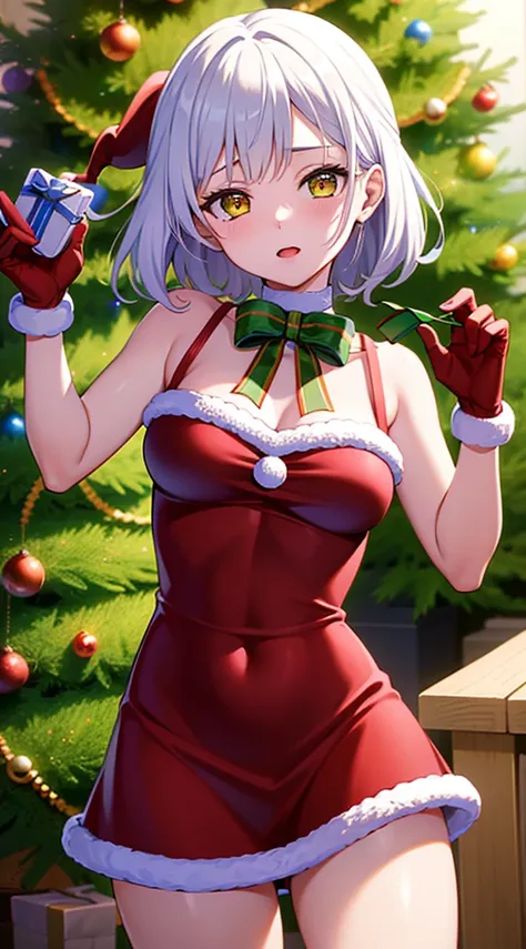 masterpiece, best quality, 1 solo girl, silver hair, yellow eyes, short hair, wavy hair, Christmas ornaments, medium breasts, mature body and face, red christmas dress, christmas, christmas light, christmas tree, red gloves, red santa skirt, holding gift, ...