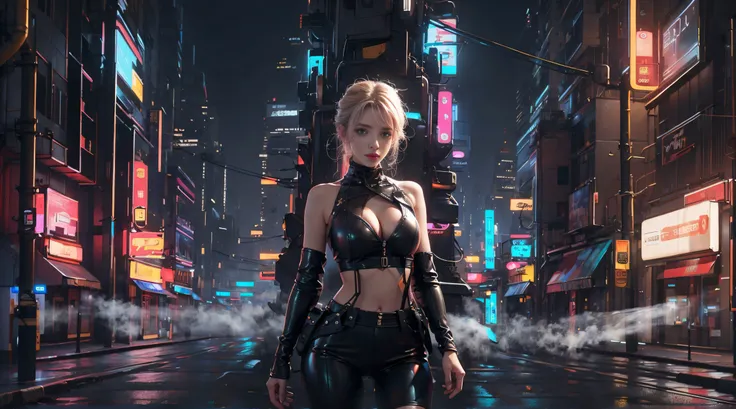 1 policeman,Alone，(3D realistic), Cold，mediuml breasts，tight leather clothes，cropped shoulders， hyper HD, 8K，theatrical，（mid shot portrait），looks into camera，The cities of the future，on the street corner，natta，Sateen，volume fog，Steaming，cyber punk personag...