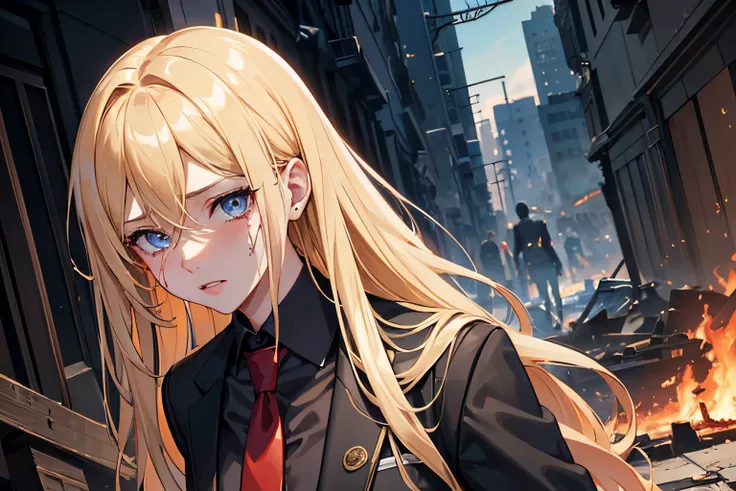 masterpiece, best quality, 1girl, blonde hair, blue eyes, suit and tie, ripped clothing, covered in blooding, messy face, crying, destroyed building, burning building, fire, detailed eyes, detailed facial features, realistic and high resolution (best quali...